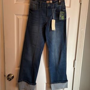 Blue Wide Leg Flare Jeans with Cuffed Hems